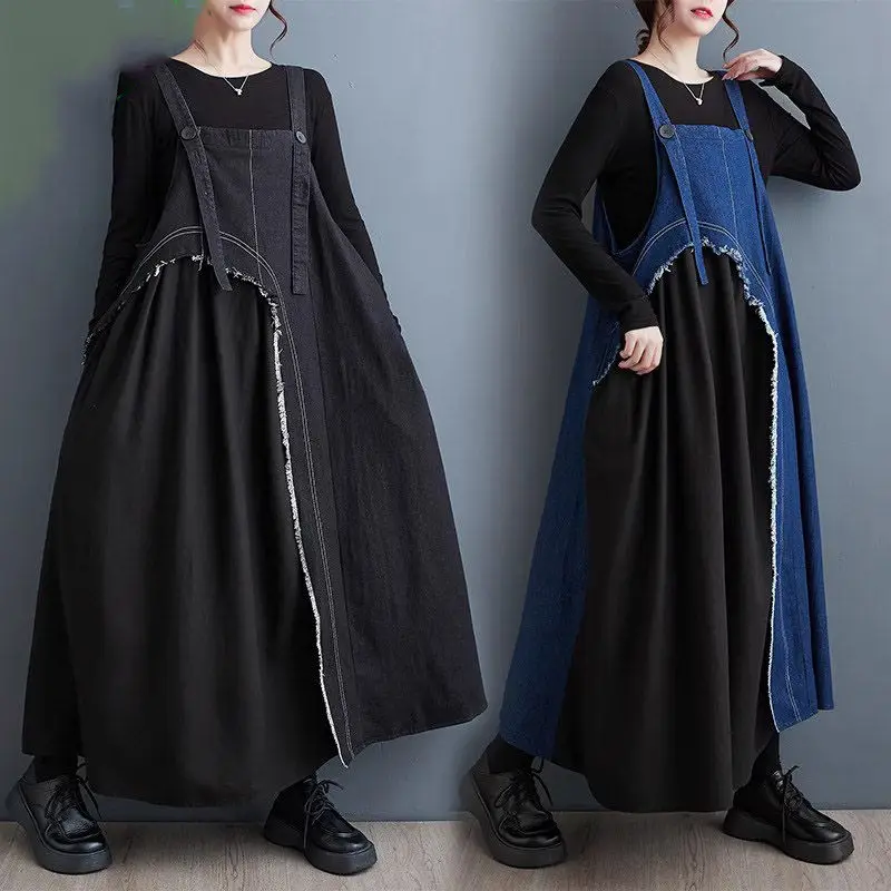 

Women Streetwear Denim Overall Dress Oversized 2023 Autumn/Winter Loose Fashionable Design Casual Versatile Strap Dress C072