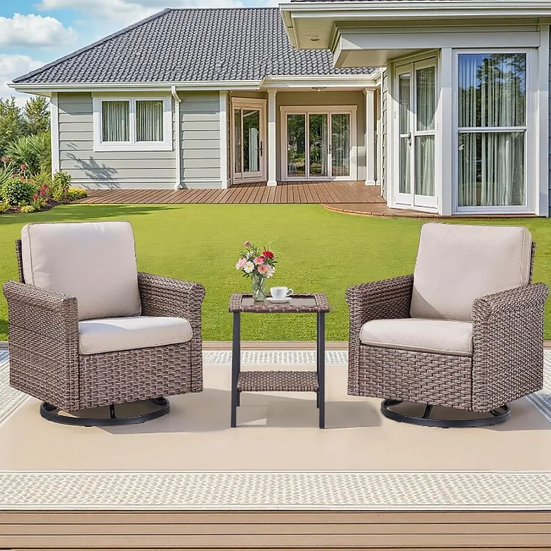 

Swivel Rocker Patio Chairs, Outdoor Swivel Rocking Chairs Set of 2 with Rattan Side Table, Patio Swivel Glider, 3 Piece