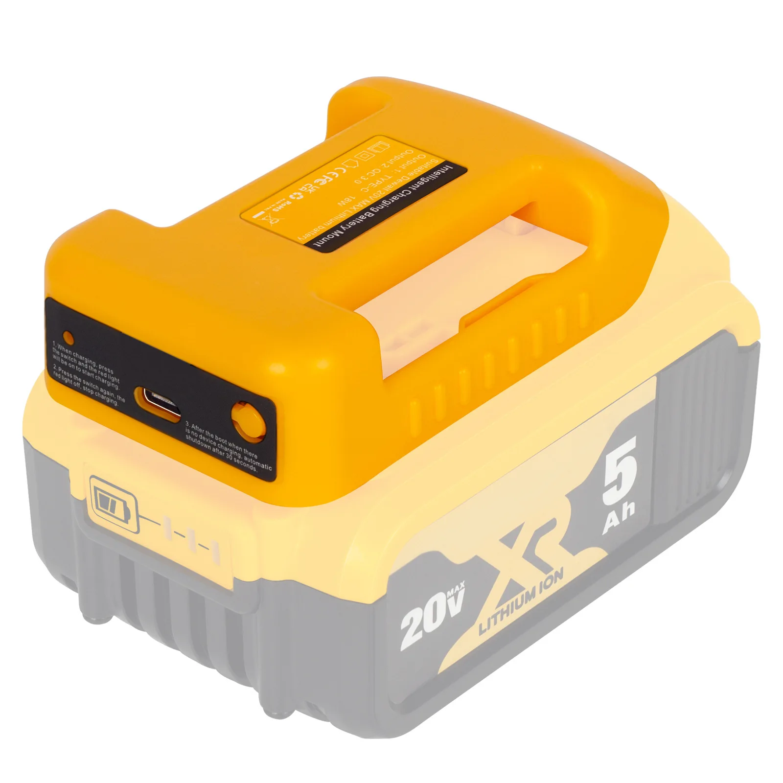 1 Pack USB Charger Adapter for Dewalt 18V Battery – Type-C Fast Charging + USB Port, Work Belt Mount Holder