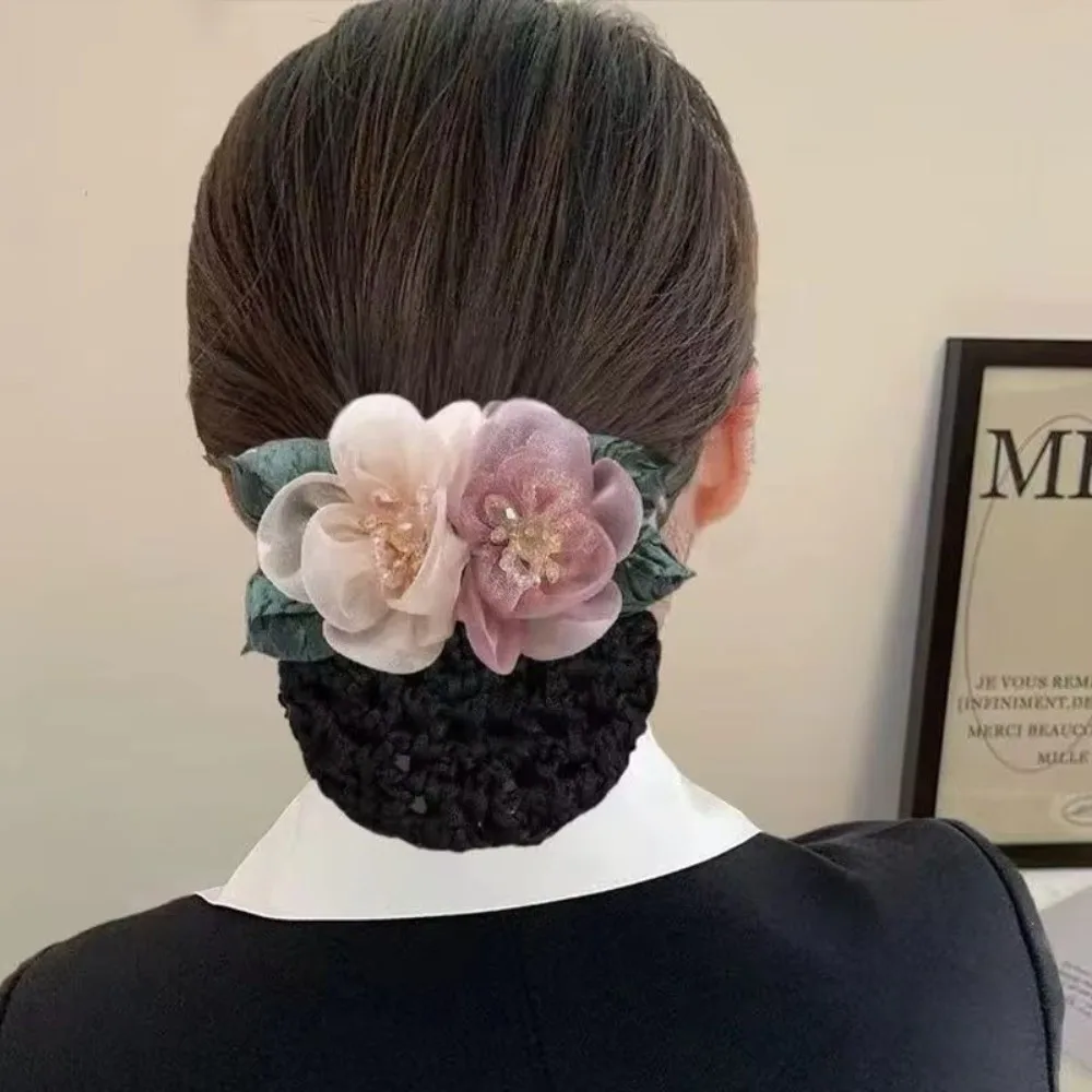 Floral Pattern Flower Hair Clip with Bun Cover Spring Metal Hair Securing Accessory Breathable Mesh Elegant