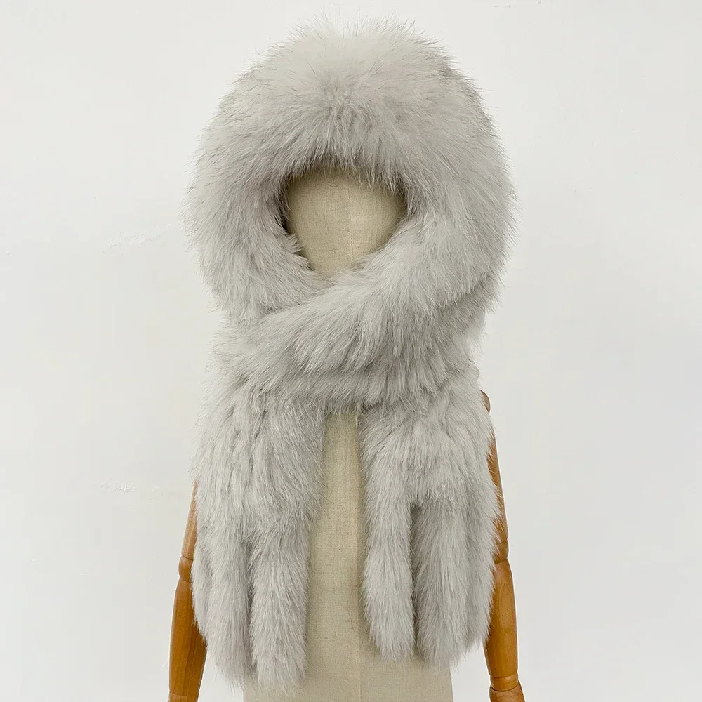 Women's Fox Fur Hat Voluminous Full Fluffy Knitted Hooded Scarf Ultra Warm Thermal Glamorous Winter Season for Holiday Fashion