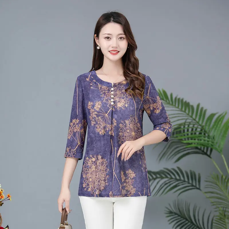 Spring summer Blouse Women Flower Printing Top Middle Aged Woman Casual v Collar Half sleeve Blouses Plus size