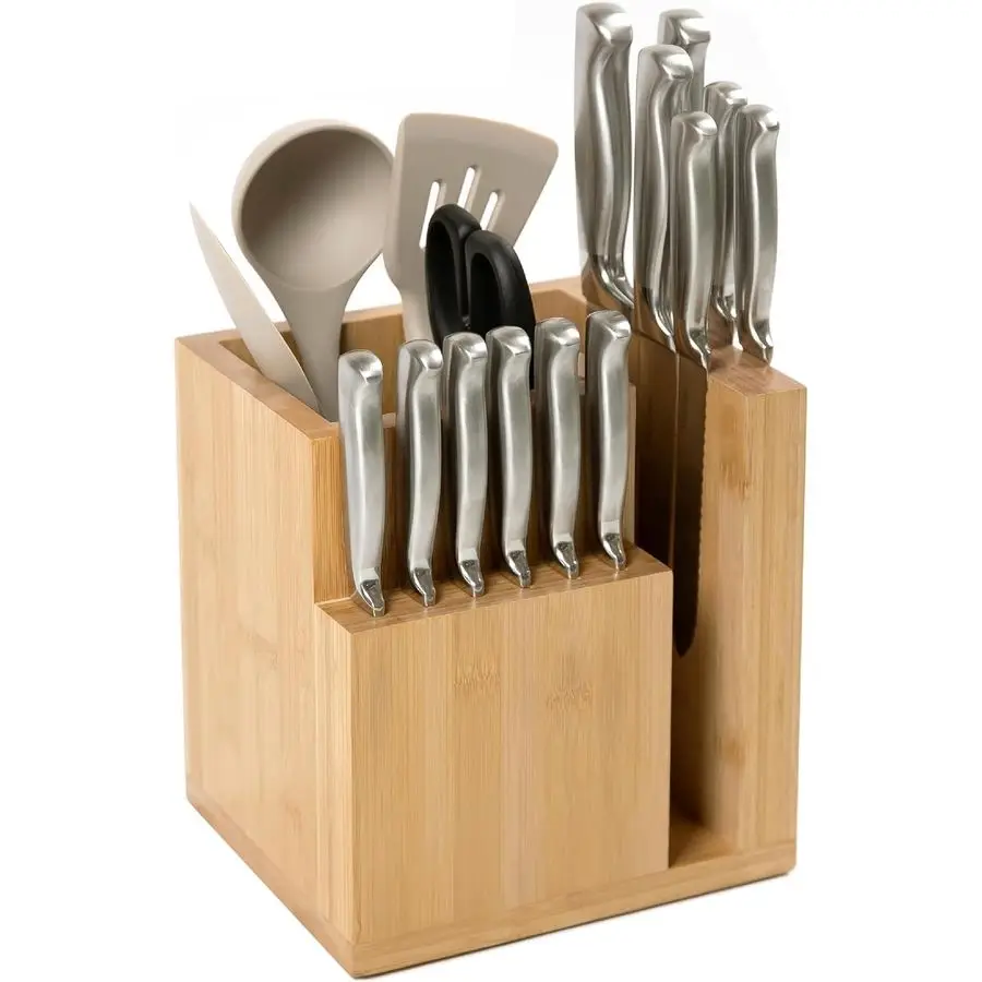 

Bamboo Magnetic Knife Block and Cooking Utensil Holder, Sleek Storage for Chefs Knives, Steak Knives, Spatulas, Scissors, NonSli