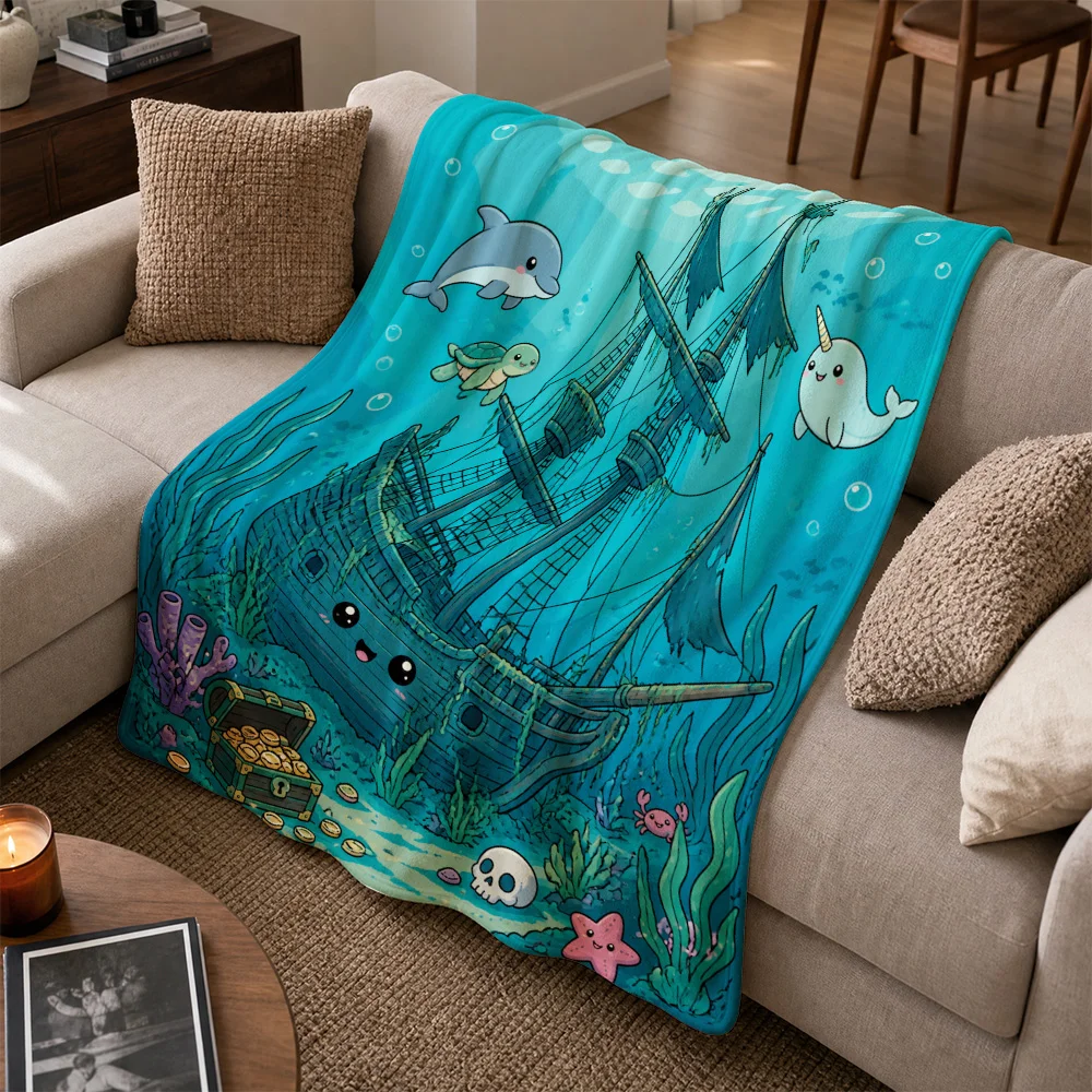 Nautical Pirate Ship Throw Blanket Ocean Theme Sofa Cover Sea Animal Decor Underwater Life Cozy Fleece Throw for Home Decor Gift
