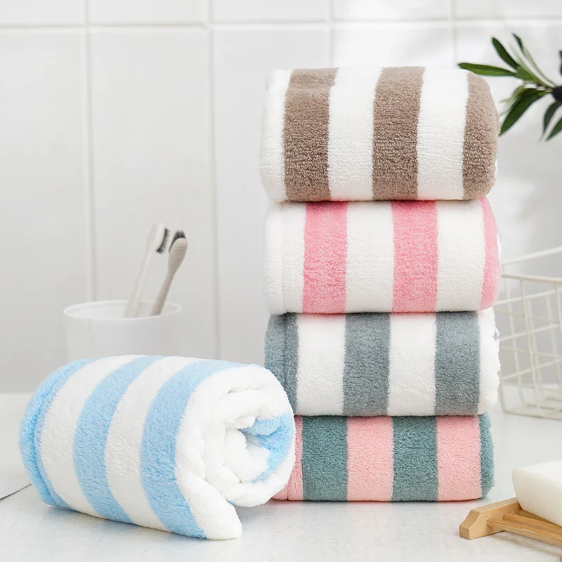 Dry Hair Towel Microfiber Coral Velvet Striped Pattern Hair Cap for Women Turban Water-Absorbent Quick-Drying Striped Shower Cap view 3