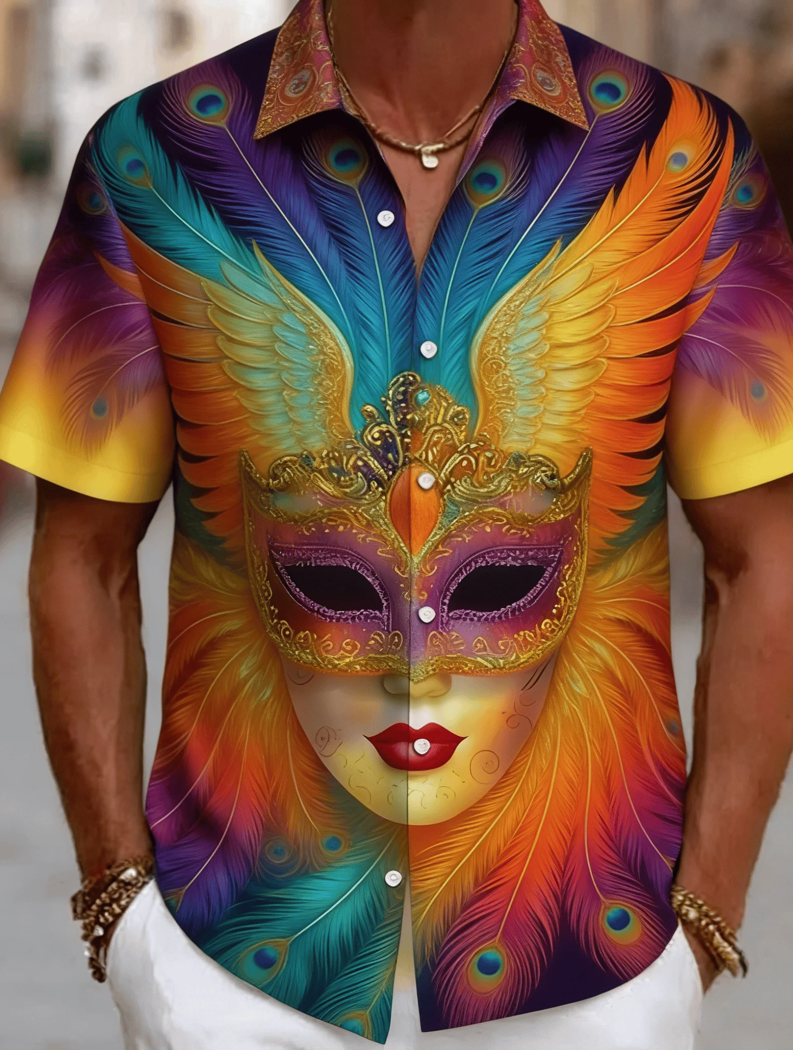 Men's Venetian Mask Print Short Sleeve Shirt, Spring Summer Luxury Baroque Party Blouse, Loose Casual Top