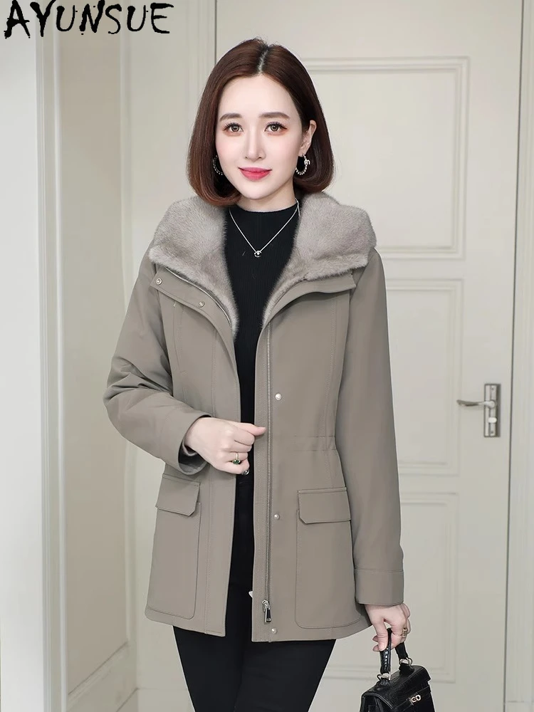 معطف فرو المنك الحقيقي من AYUNSUE ملابس شتوية للنساء سترة متوسطة الطول معطف فرو حقيقي معاطف نسائية بطانة قابلة للفصل