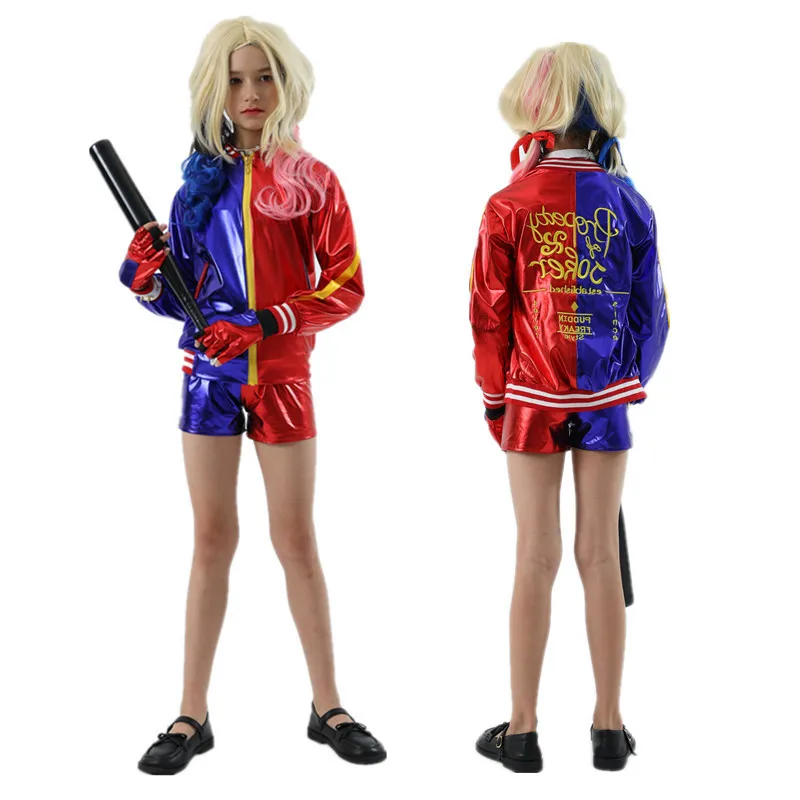 Clown Female Monster T-Shirt Jacket Coat Suicide Squad Girl Harley Costume Halloween Kids Cosplay Wig Shorts Holster Set Props