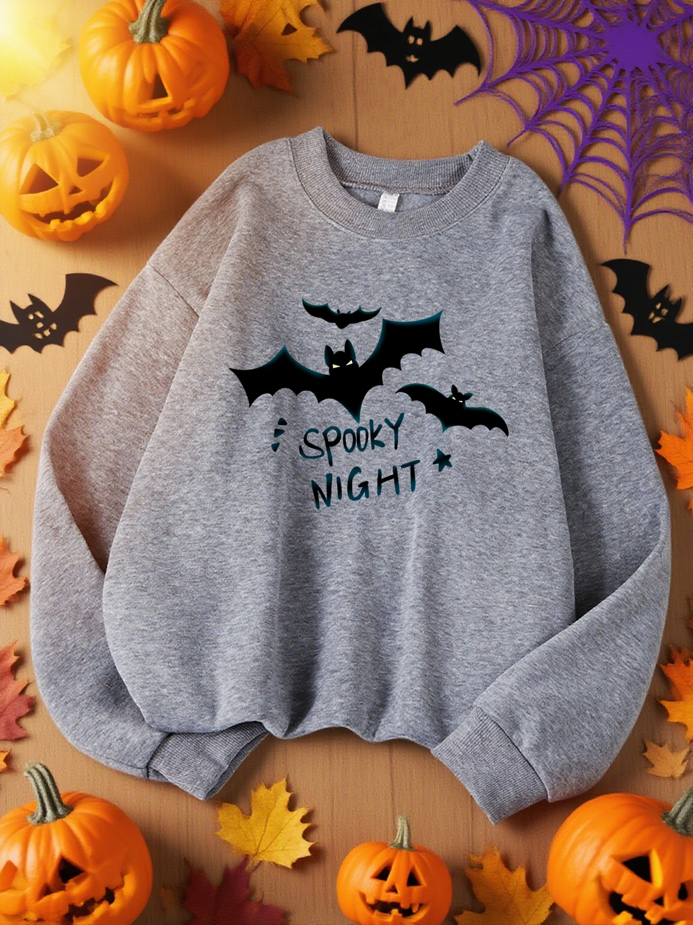 เสื้อสเวตเชิ้ตพิมพ์ลายค้างคาวสุดหลอนสำหรับผู้หญิง เสื้อสเวตเชิ้ตผ้าฟลีซลำลอง คอทรงโอ สำหรับฤดูใบไม้ร่วง เสื้อสวมหัวแบบหนา สวมใส่สบาย สไตล์สตรีทแวร์