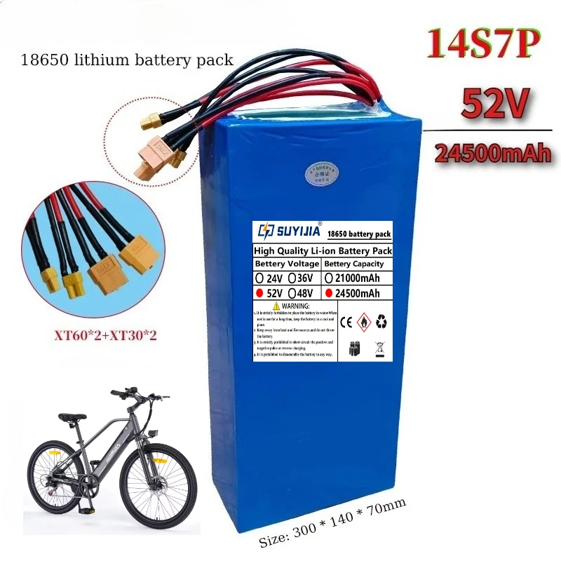 Bateria de Íons de Lítio 14S7P 52V 24500mAh 18650 para 1000W - 1500W, Adequada para E-bikes/Triciclos, etc.