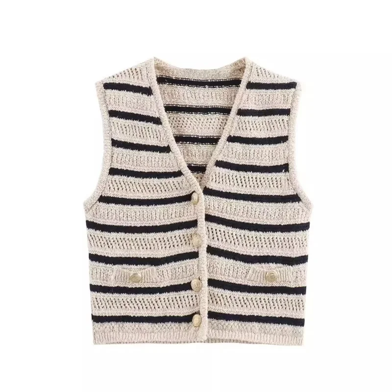 

Fashion Temperament Striped Vest Women New V-neck Sleeveless Knitted Button Tank Top Female Casual Minimalist Hollowed Out Tops