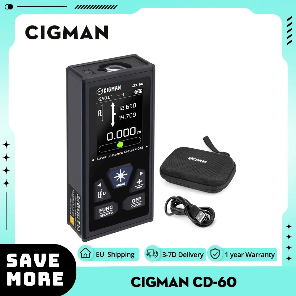 CIGMAN CD-60 Bilateral Laser Distance Meter, 393ft/120M Bilateral Measurement, with M/in/Ft Multiple Units