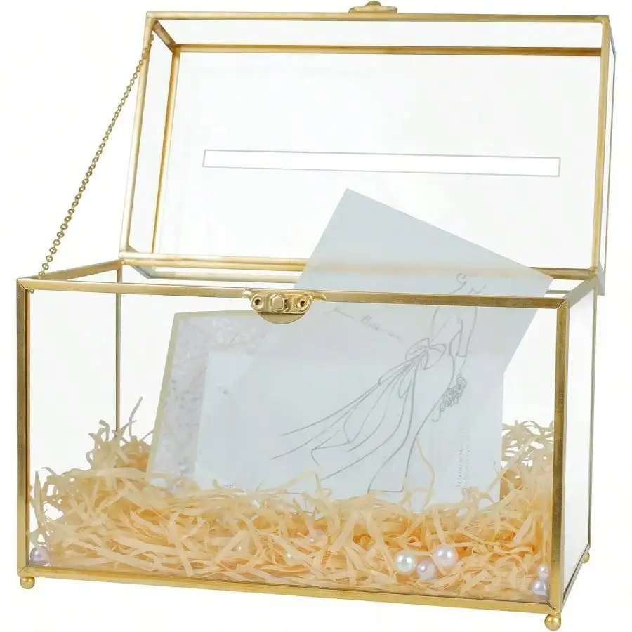 Glass Wedding Card Box With Slot Large Clear Card Box Gold Brass Gift Card Storage Box Perfect For Wedding Receptions Birthday P