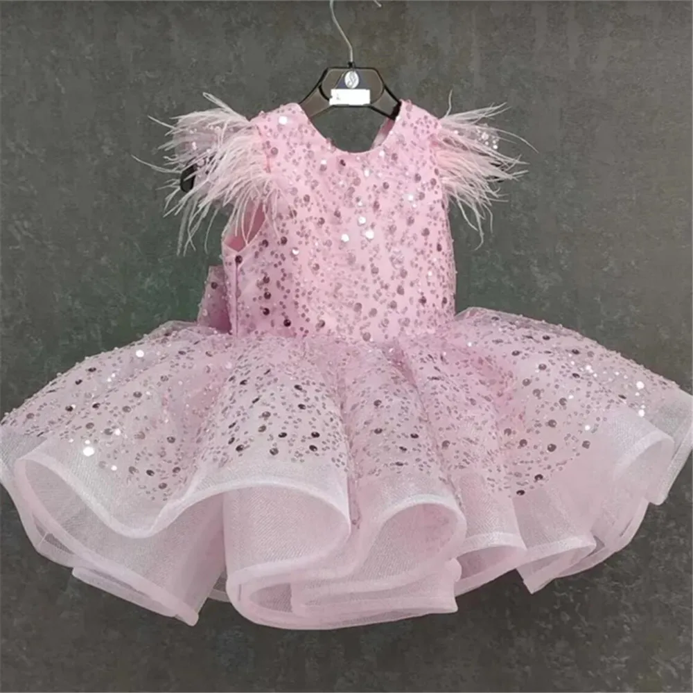 

Flower Girl Dresses Pink Tulle Puffy Sequin With Bow Feather Sleeve For Wedding Birthday Party Banquet Holy Communion Gowns