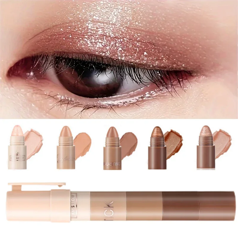 1PC 真珠光沢、マット、細かいきらめき、長持ち、5-in-1 アイシャドウスティック、完璧なメイクアップを作成、クリスマスギフト