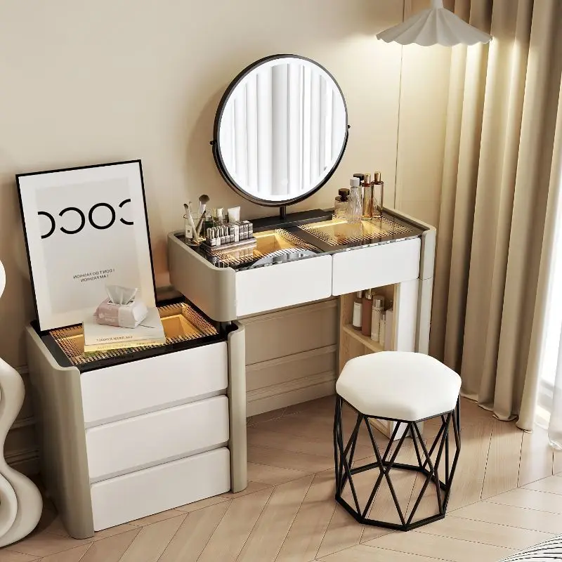 

Lighted Mirror Extendable Drawer Storage Furniture for Living Hot Modern Makeup Vanity Wood Glass Dressing Table