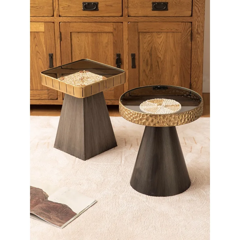 Natural Shell Wabi-Sabi Geometric Side Table, Retro Handmade Accent Table, Sofa End Table for Living Room & Bedroom Decor