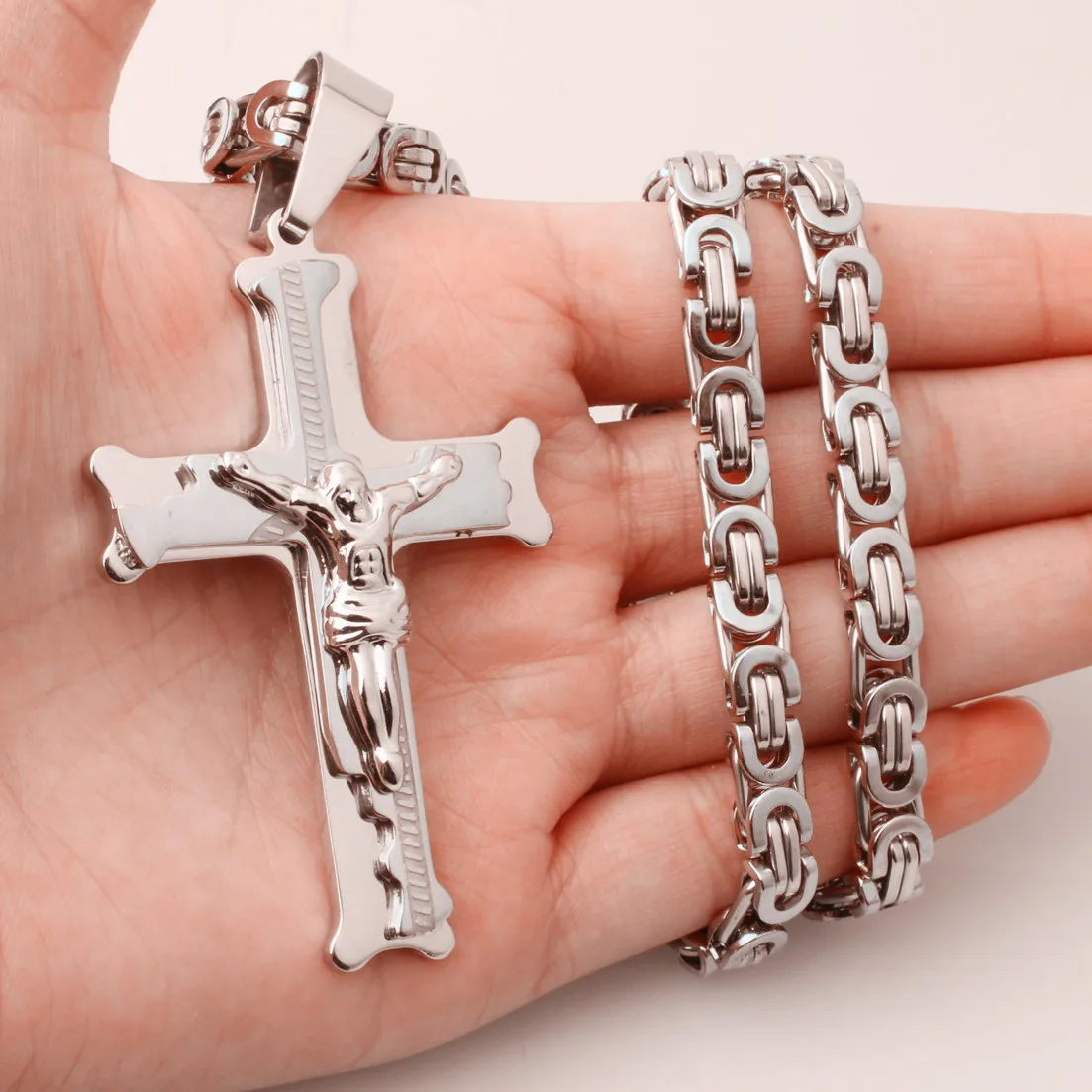 Fashion Silver Color Jesus Cross Stainless Steel Pendants Necklaces Byzantine Long Chain Necklace for Women Men Jewelry