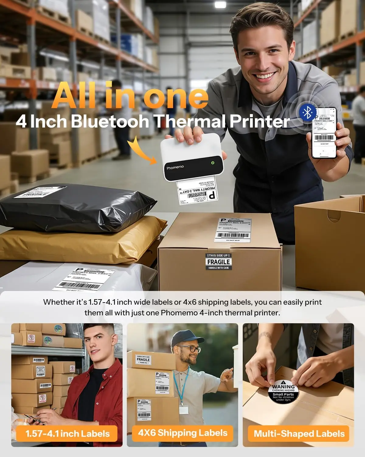 Phomemo M420 4-inch label printer, equipped with red and black dual-color labels, suitable for commercial and shipping labels