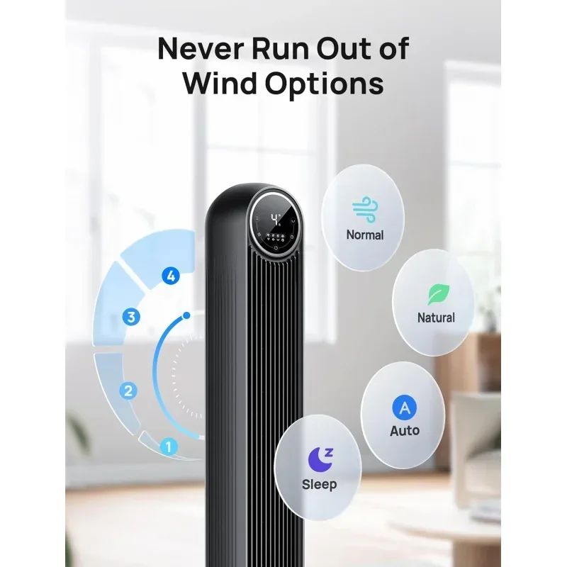 Quarto QWTower, ventilador de chão silencioso com velocidade de 25 pés/S, 90 °     Ventiladores oscilantes para ambientes internos com 4 velocidades, 4 modos, temporizador 8H,