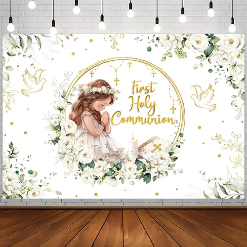 Fondo de primera comunión con puntos dorados, flores, cruz dorada, decoración para fiesta de bautismo para niño o niña, fondo fotográfico de bendición de Dios para niños