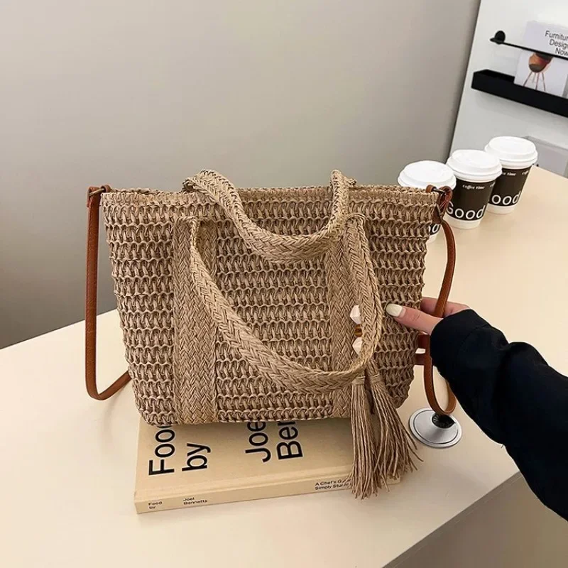 

2025 Women's New Trendy Straw Woven Tassel Bag - Large Capacity Travel & Shopping Essentials for Ladies