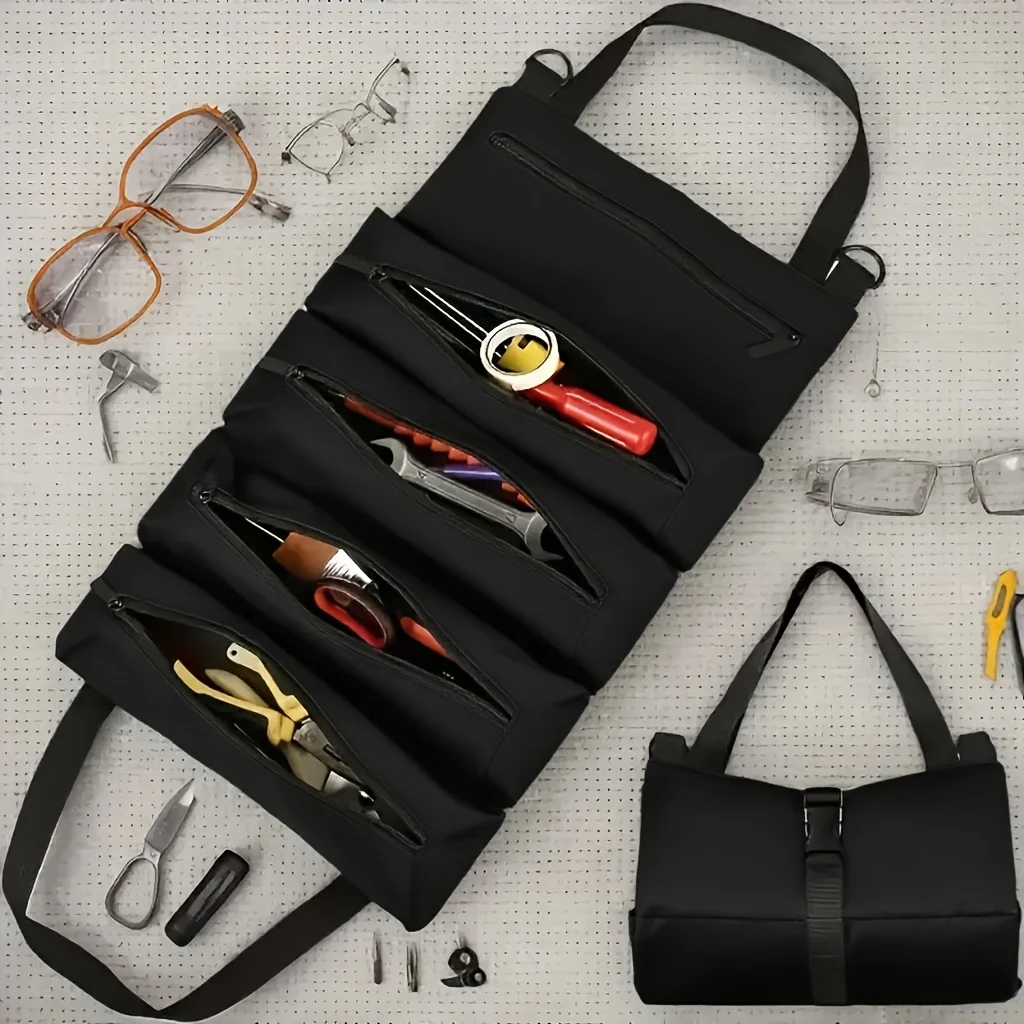 Oxford fabric heavy-duty tool roll bag - large capacity foldable tool organizer with 5 fixed compartments to securely hold tools