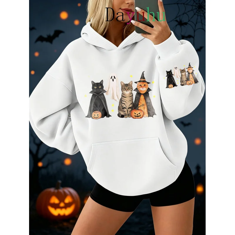 Female Oversized Streetwear Pullover Hoodie Halloween Cute Cat Ghost Witch Print Autumn Winter Lounge Wear Women Clothes