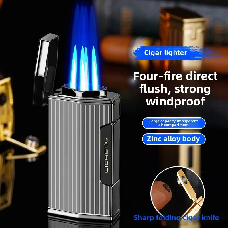 

Роскошная 4-пламенная ветрозащитная турбо-зажигалка - уличная металлическая бутановая газовая горелка с ножом для сигар - идеальные мужские подарочные гаджеты, гаджеты