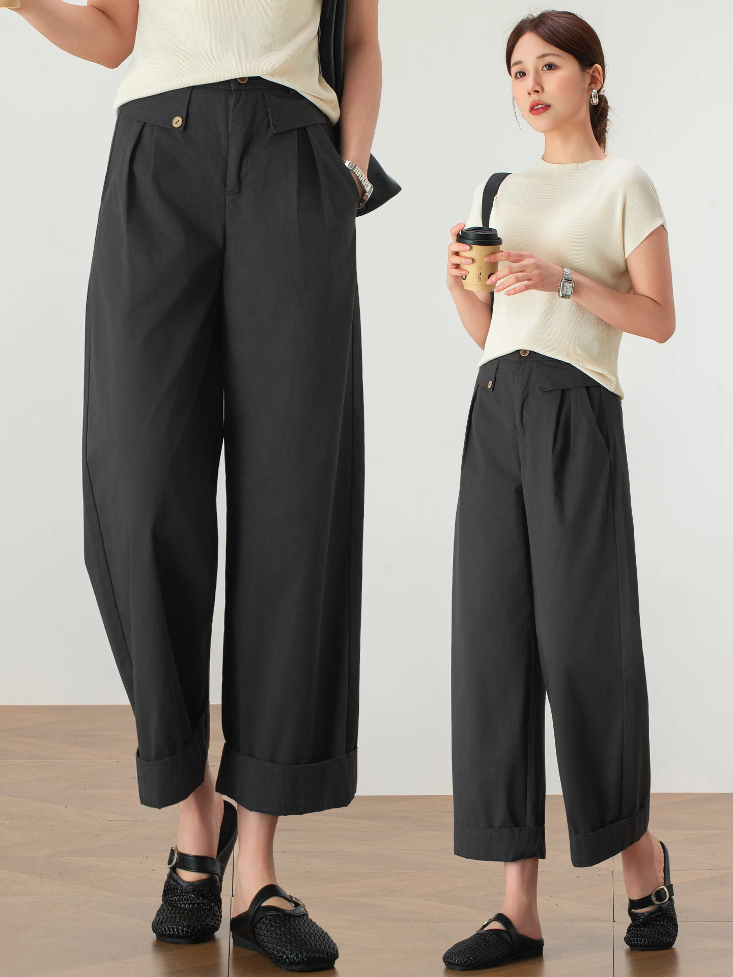 

Slim Wide Leg Pants Women's Casual High Waist Cotton Summer Thin New Style 9 Points Roll up Hem Straight Leg Pants
