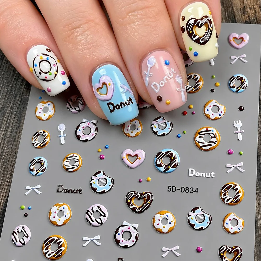 1Pc Puffed Sugar Frosting Donut Nail Sticker Self Adhesive Glossy Matte Nail Decal Cute Lovely Complete Style Set Nail Slider