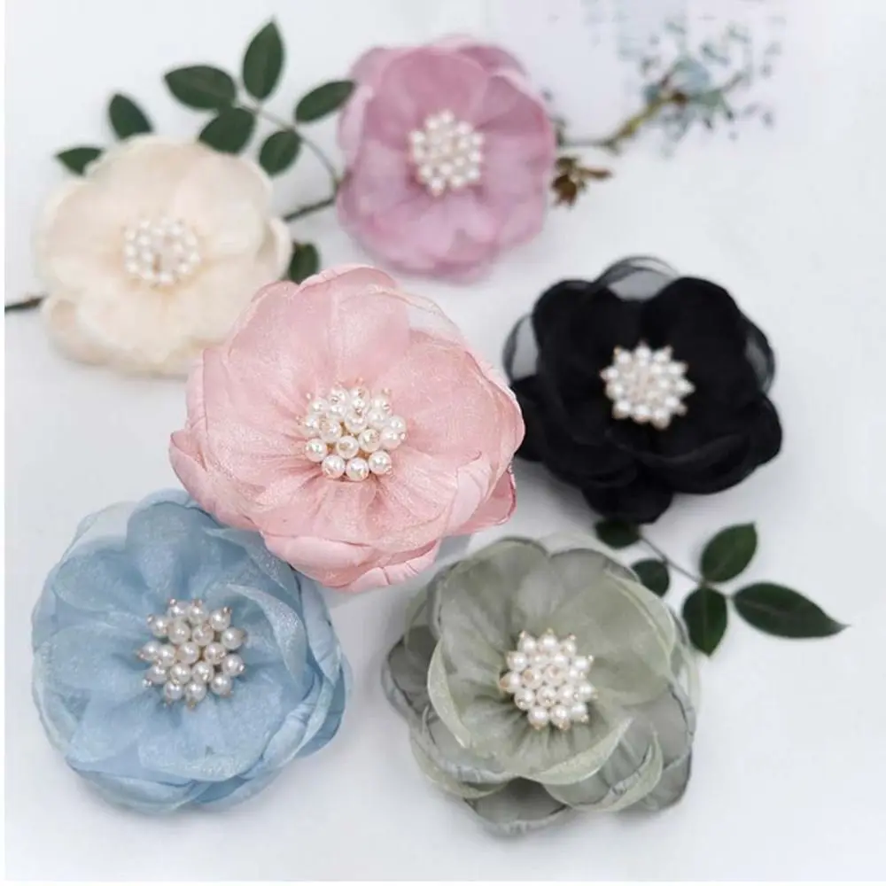 5Pcs Sewing Fabric 3D Chiffon Flower Beads Center DIY Artificial Flower Handmade Hairpin DIY Sewing Applique