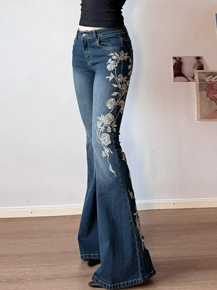 

Chic Rose Embroidered Gradient Slightly Flared jeans for Women Slim Low Rise Dragging Denim Pants Casual Elegant Fashion Trouser