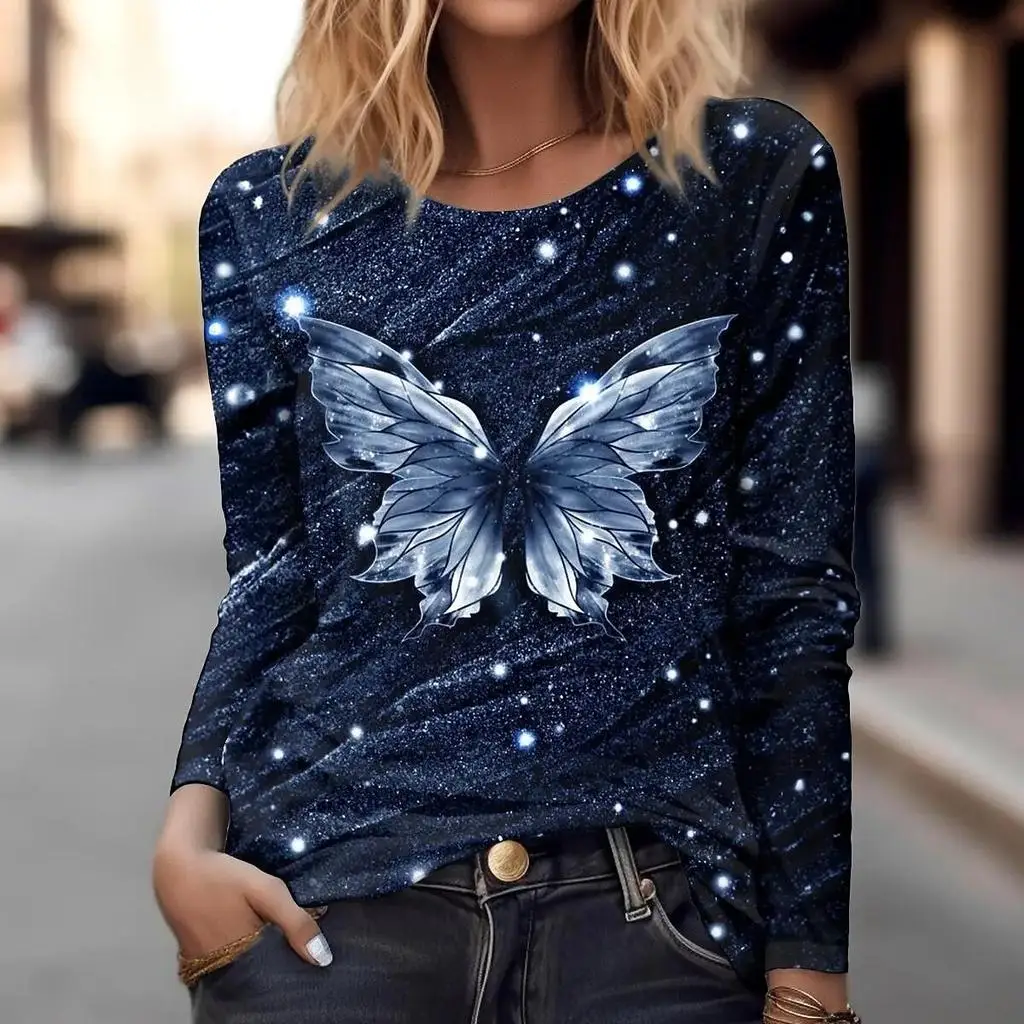 

Women's T-shirt 3D Printing Art Butterfly Print Fashion Long Sleeve Round Neck Regular Top Holiday Weekend Spring and Autumn