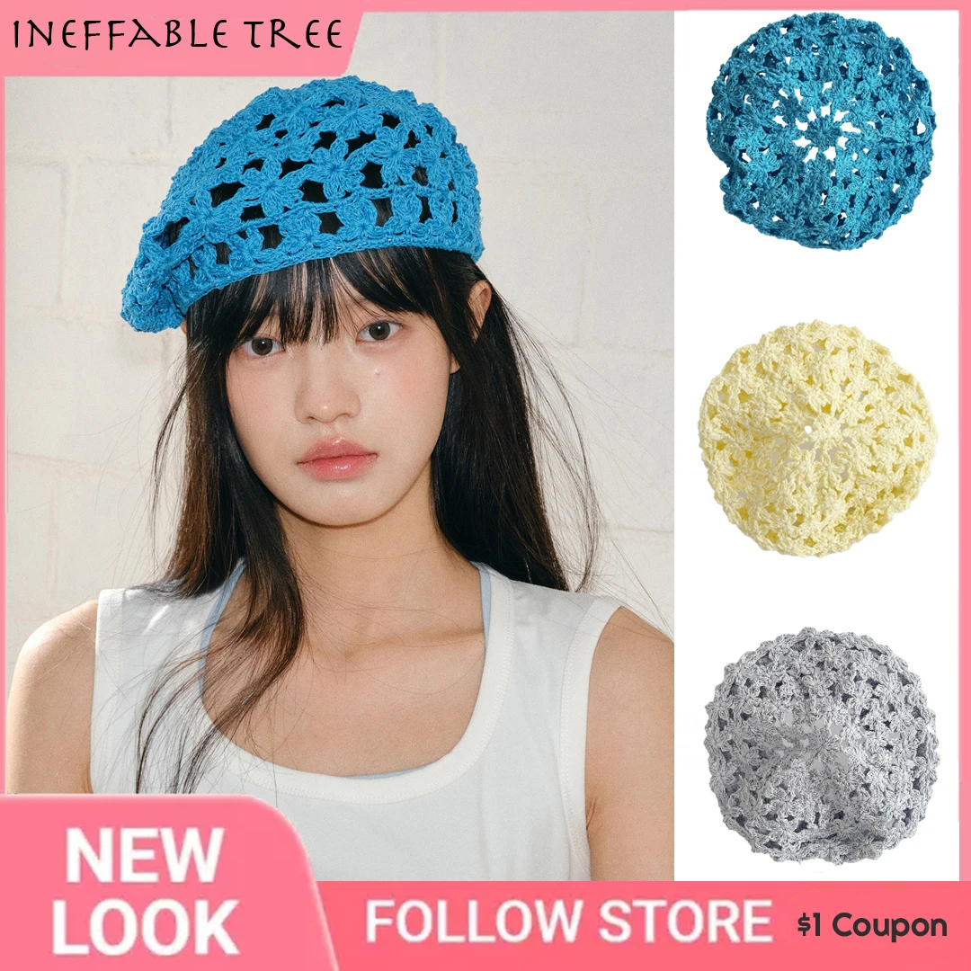 

Handmade Thin Knitted Beret Hats for Women Breathable Hollow Out Sle Round Top Four Seasons Available Crochet Painter Cap Boina