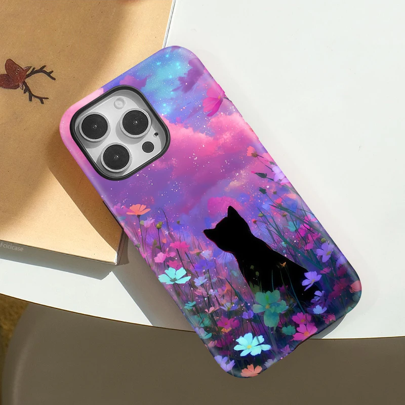 Fcicicase Shockproof Magnetic Case For iPhone 12 Pro 13 14 Plus 11 15 16 Pro Max Flower Cute Cat Silicone For Magsafe Cover