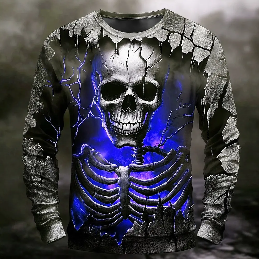 

2026 Fall Winter Fashion Skeleton Prints Long Sleeve T-Shirts for Men Gothic Trendy Streetwear Casual Tops Halloween Party Tee