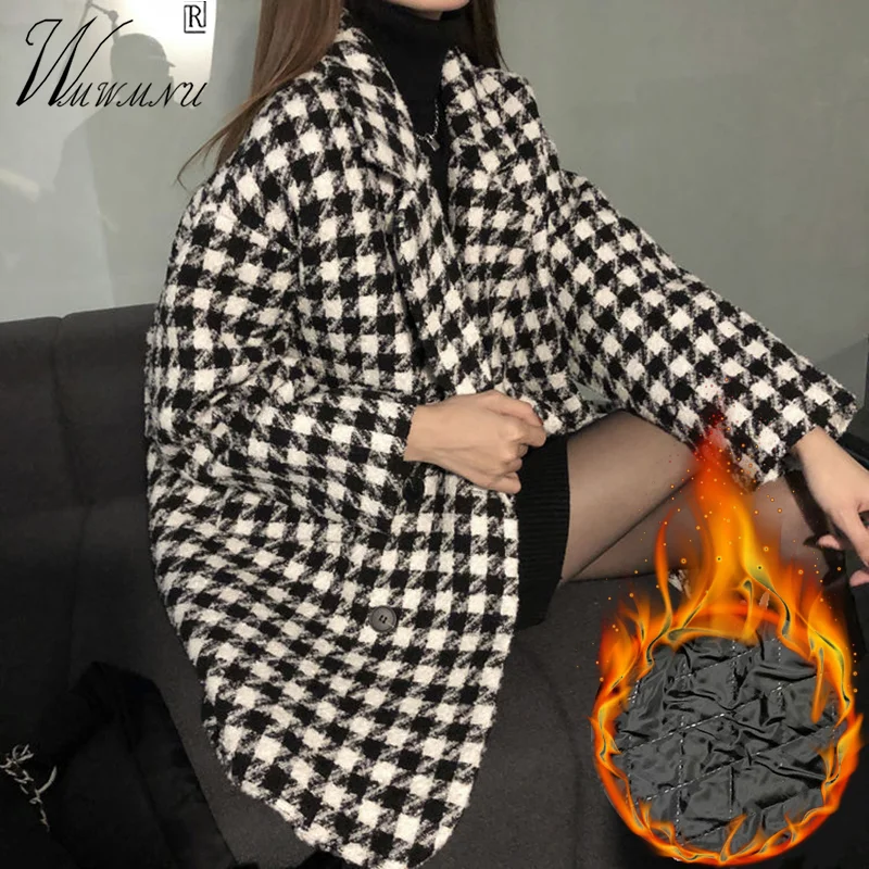 Vintage Houndstooth Winter Coats Women Loose Woolen Blend Overcoat Double Breasted Luxury Thick Jacket Warm Fall Wool Chaquetas