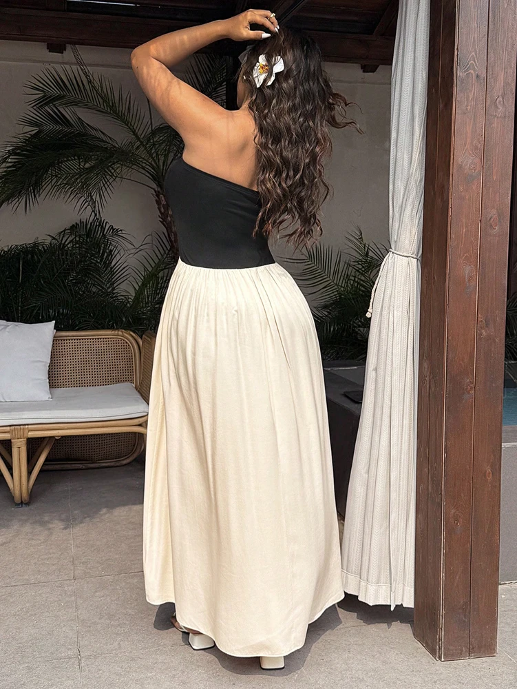 プラスサイズ 春/夏 リゾート カジュアル カラーブロック ストラップレス ドレス パッチワーク カラーブロック フィットトップ ルーズヘム付き