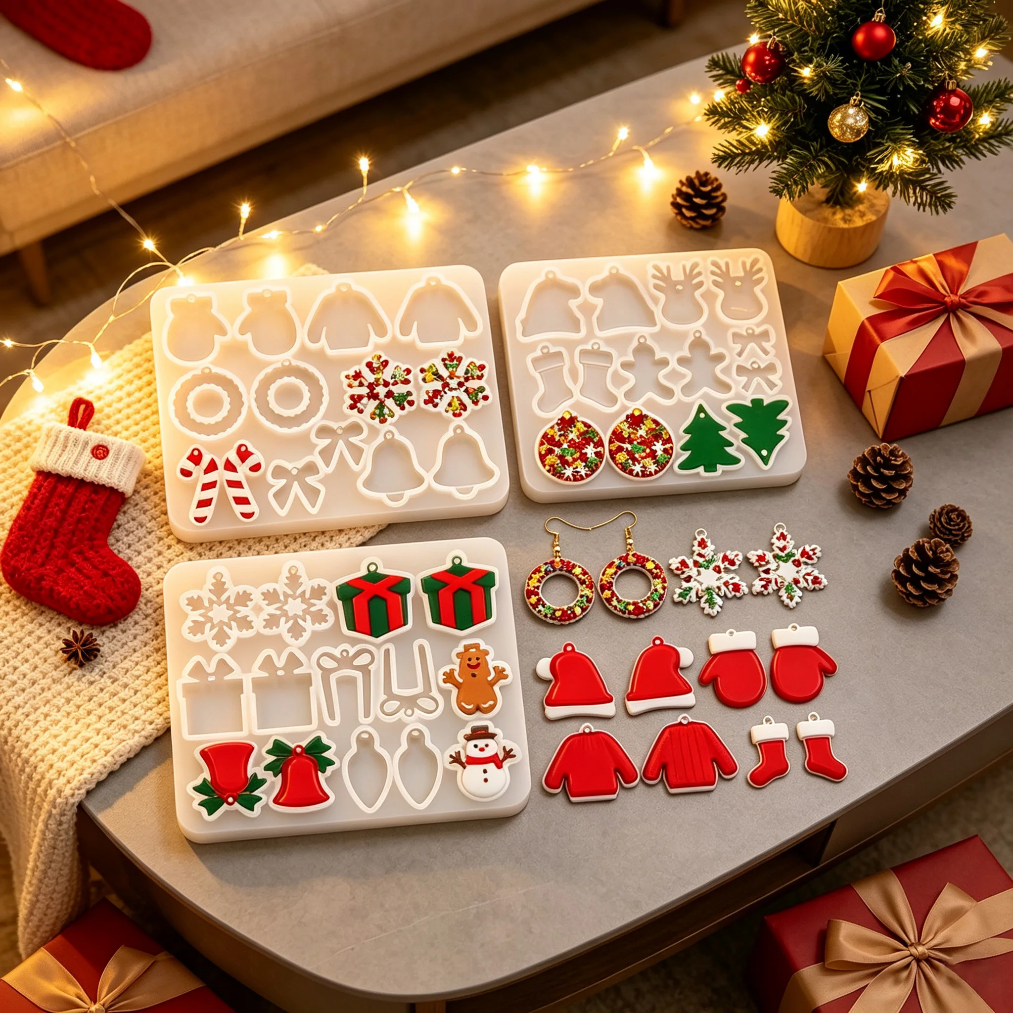 1Pc Christmas Silicone Resin Mold, DIY Earring Pendant Epoxy Casting Mold, Snowflake Gingerbread Tree Gift Shape Craft Supplies
