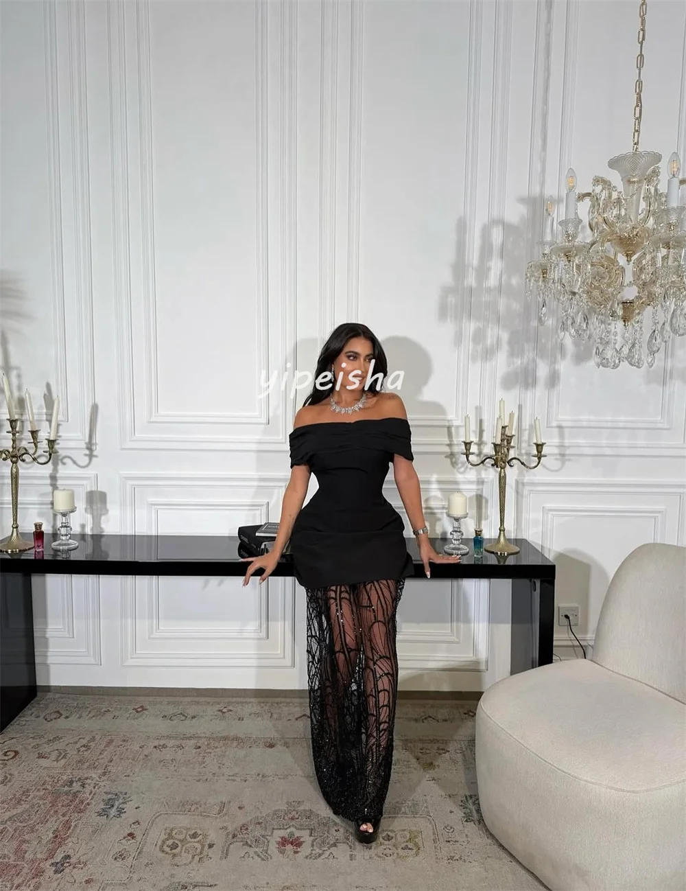 Customized Sexy Casual Jersey Pleat Ruched Beading Sequined A-line Off-the-shoulder Long Dresses Bespoke Occasion Dresses Retro