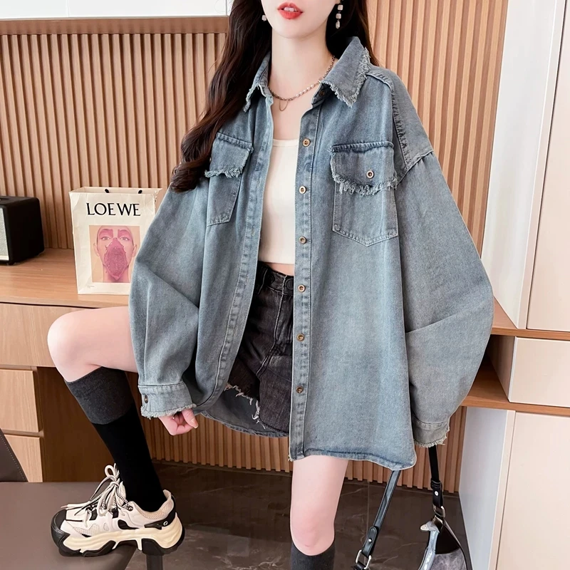 Women Light Blue Frayed Denim Shirt Coat 2026 New Oversized Long Sleeve Outwear Top Distressed Curved Hem Casual Jacket Lady Y2K