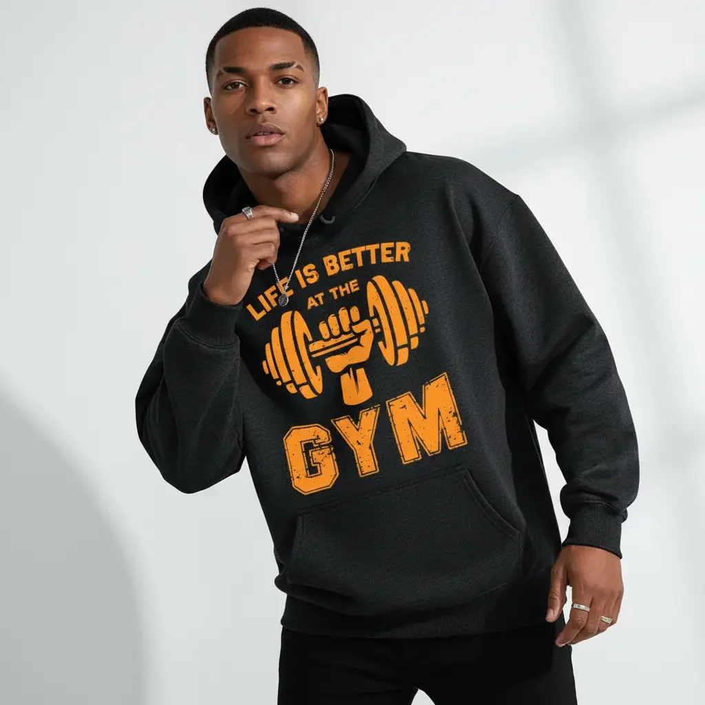 Men's LIFE IS BETTER AT THE GYM Graphic Hoodie - Cotton Blend Long Sleeve Pullover Regular Fit | Soft & Breathable Fabric, Durable Print, Everyday Comfort, Machine Washable, Casual Fitness Outdoor Urban