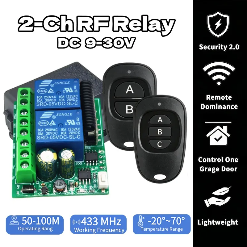 12V/24V 6-30V 433Mhz 2 Channel Relay Wireless Remote Control Switch + Two Keys Remote Controls for Garage Door Lighting Curtains