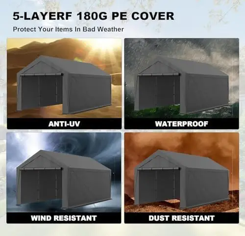 Carport, 10x20ft Heavy Duty Car Port, Portable Garage with Removable Sidewalls & Doors, Car Canopy with All-Season Tarp