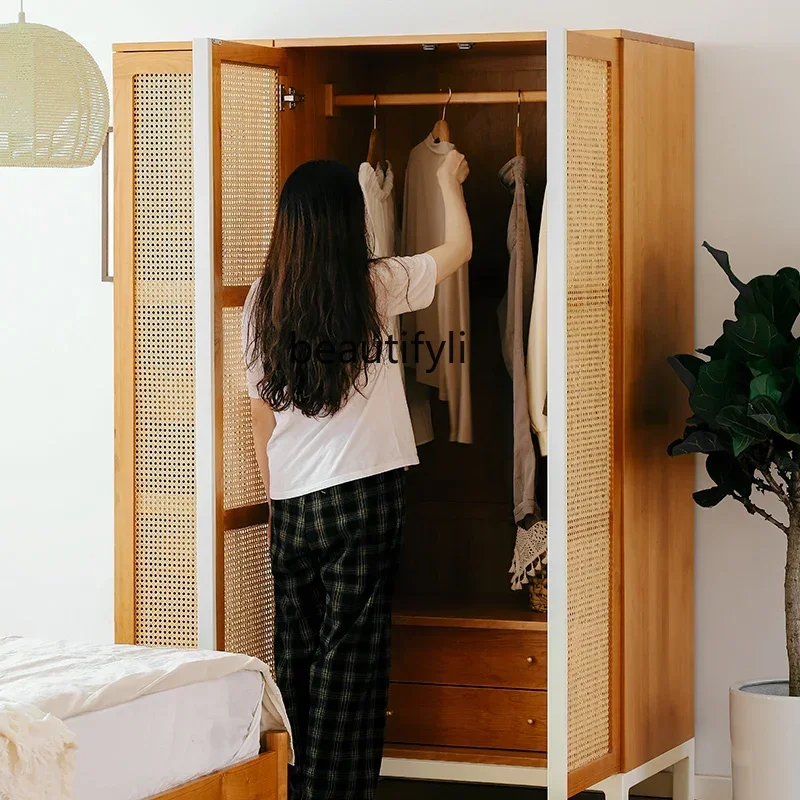 X0 خزانة ملابس من الخشب الصلب من خشب الكرز، خزانة غرفة نوم بسيطة من الخيزران الياباني