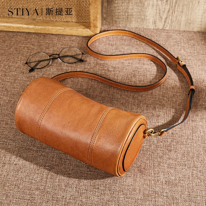 Steya retro first-layer cowhide shoulder bag, broadband messenger bag 2024 new temperament cylinder bag