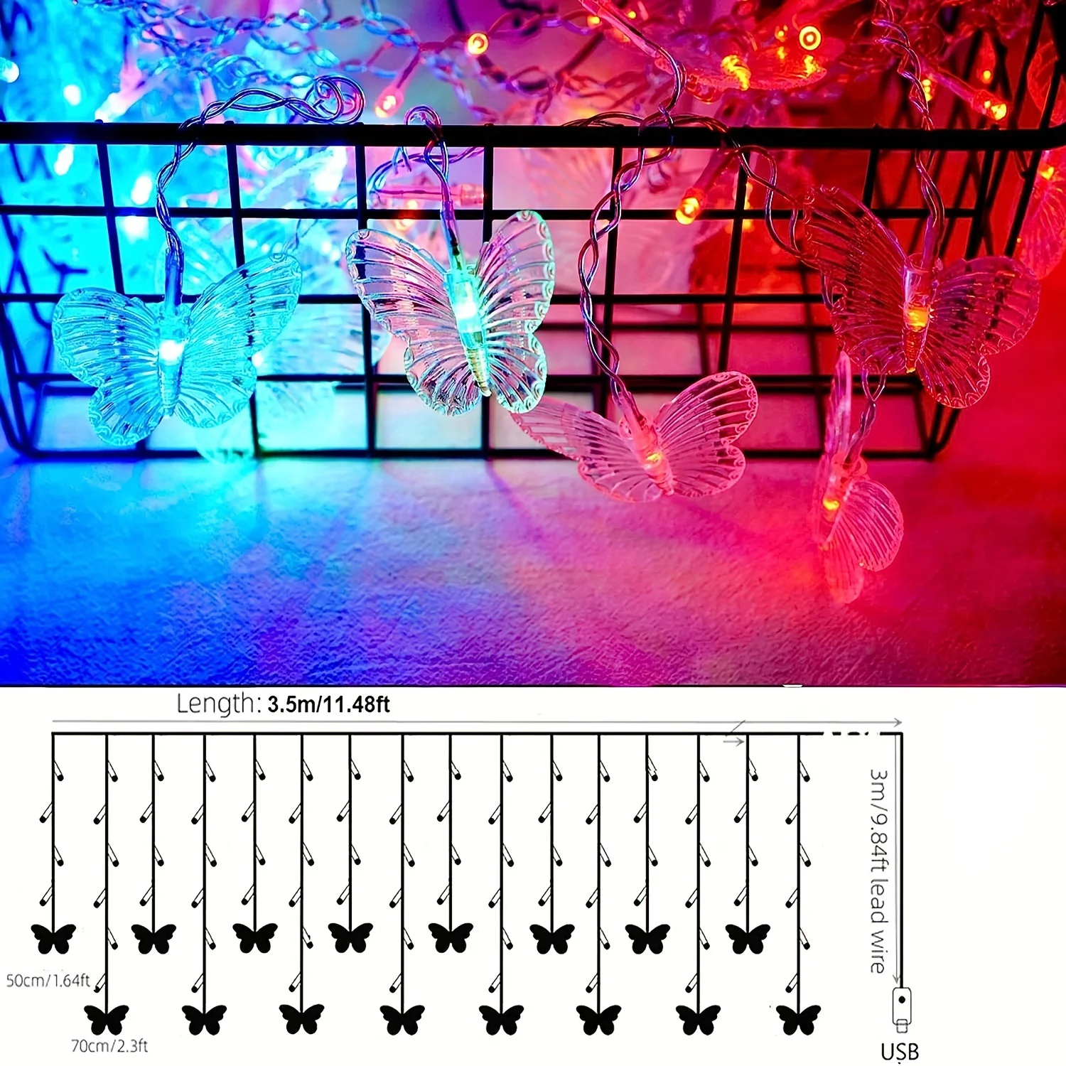 96 LED Butterfly Curtain String Lights 3.5m USB Powered with Remote Control 8 Modes for Home Bedroom Wedding Party Decoration