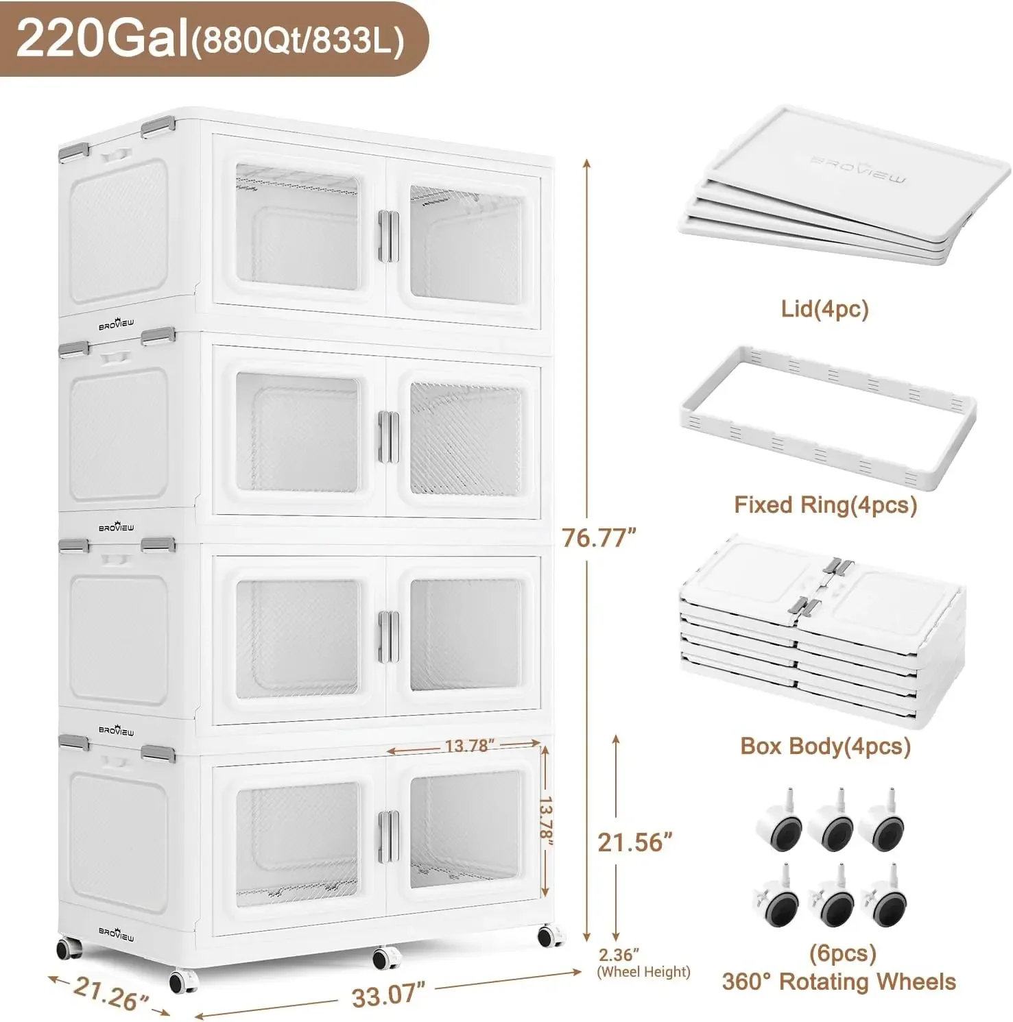 US Shipping Brand new  880 Qt Extra Large Stackable Storage Bin With Lids, 4 Pack White | 220Gal Collapsible Storage Boxes, Fold