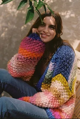 Autumn Winter Handmade Rainbow Striped Crocheted Cardigan Hit Color Thick V-Neck Hooked Sweater Coat Female Knitwear Crop Tops